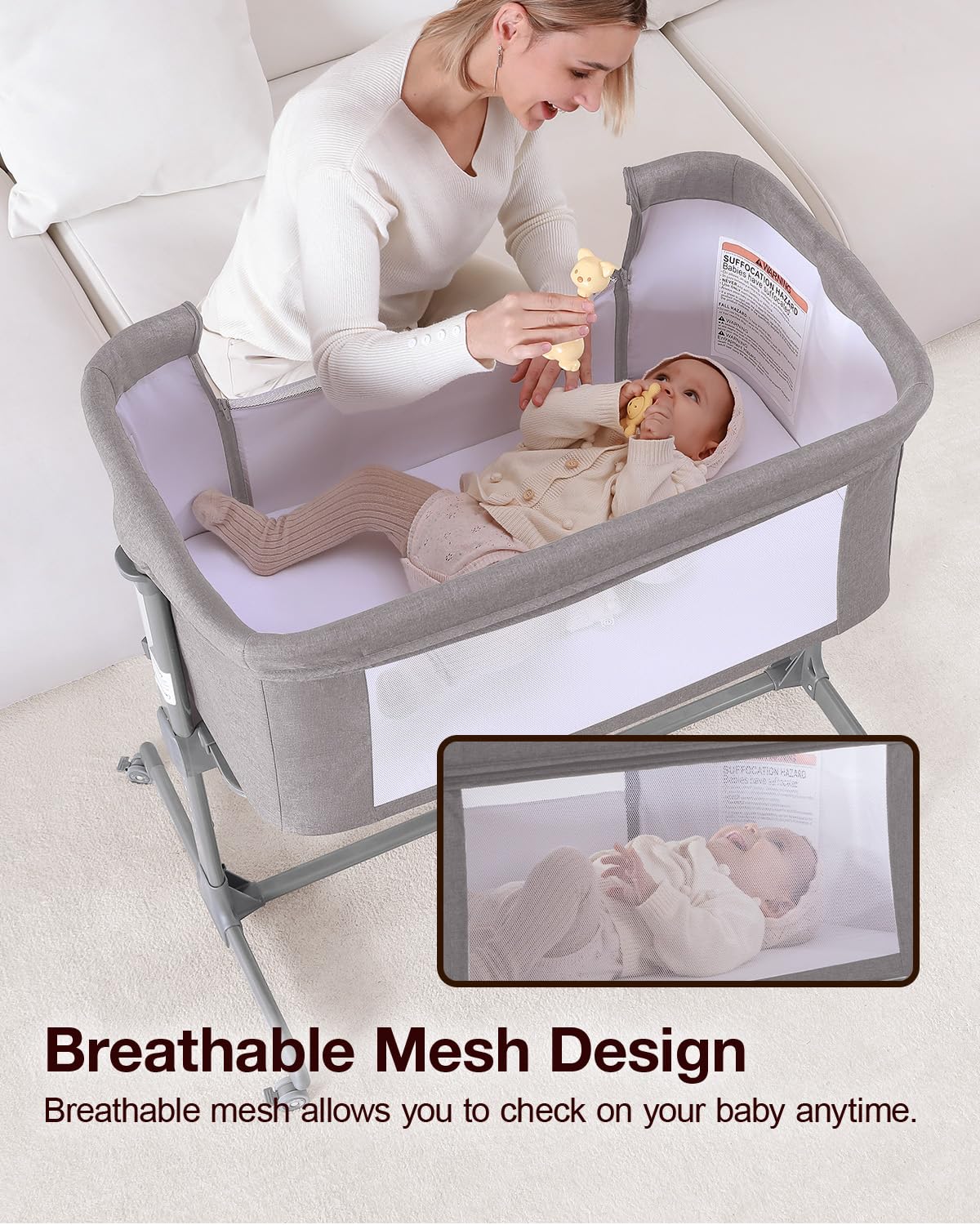 Larex bedside crib on silent wheels for easy, safe mobility.