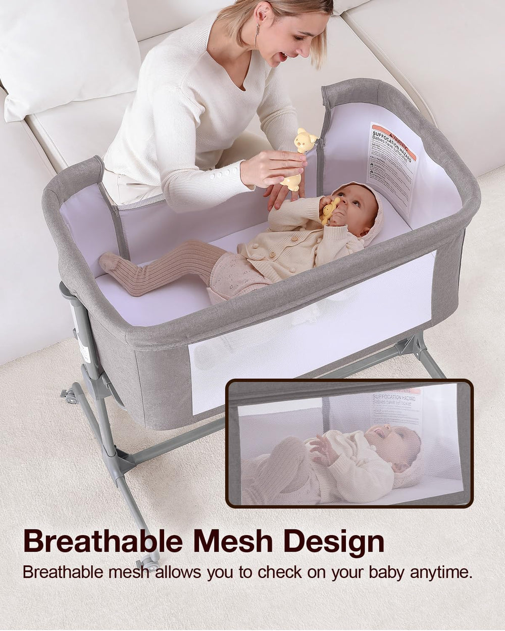 Larex bedside crib on silent wheels for easy, safe mobility.