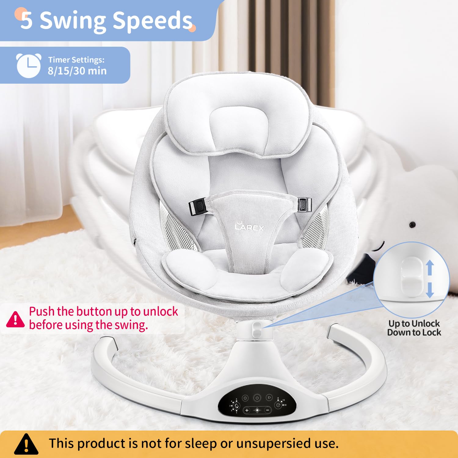 LAREX baby swing offers 5 sway speeds for customized soothing