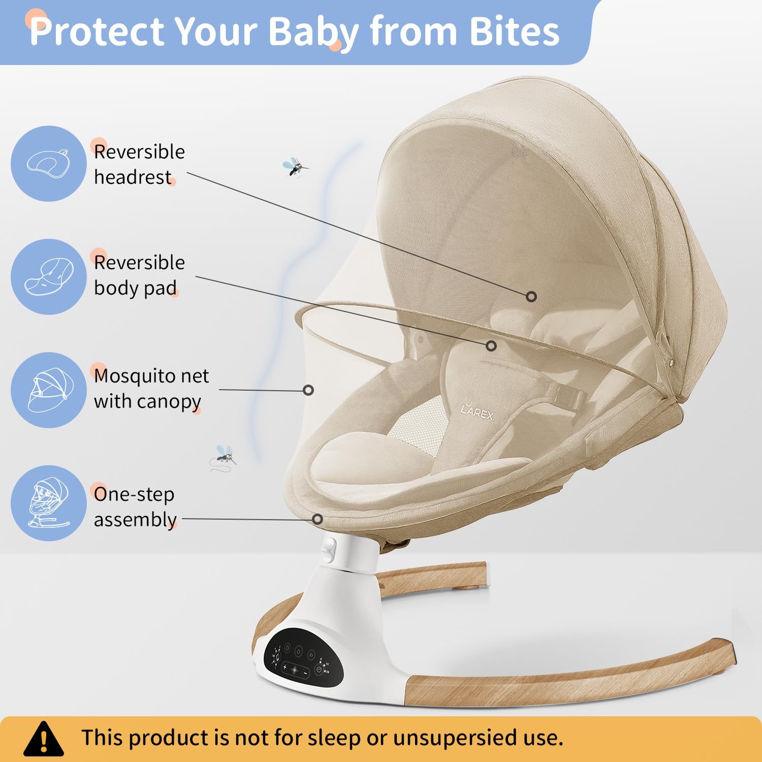 LAREX Baby Swing breathable mesh seat ideal for warm days