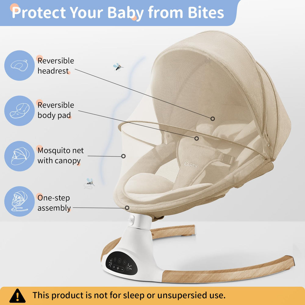 LAREX Baby Swing breathable mesh seat ideal for warm days