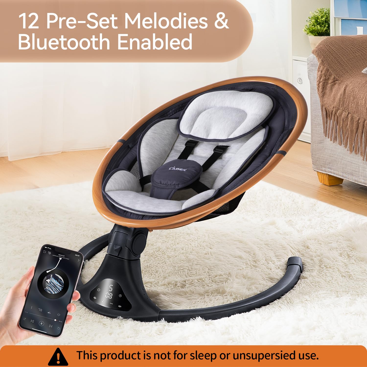 Compact folded form of LAREX gray baby swing.