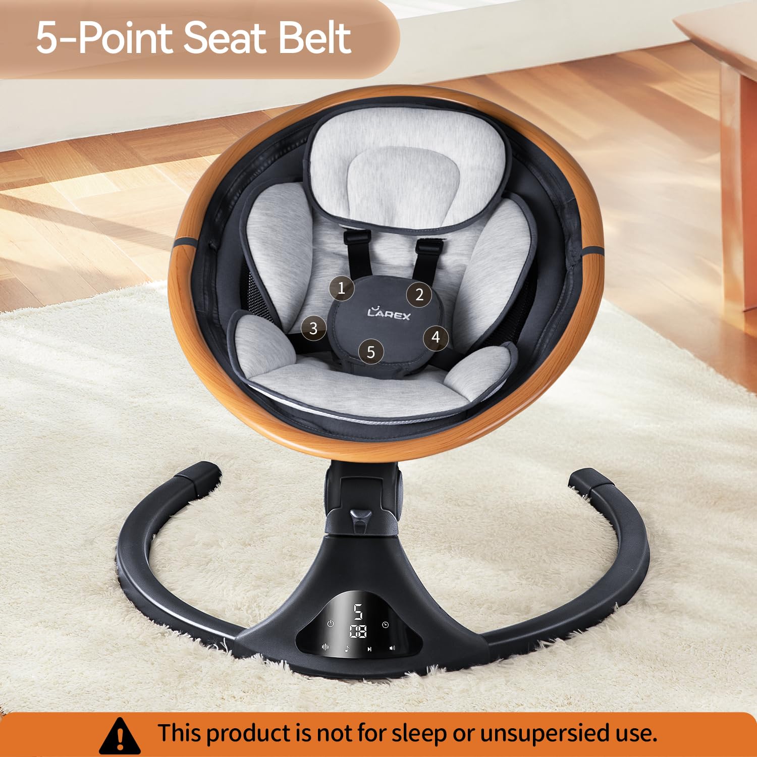 Secure 5-point harness on LAREX gray swing.