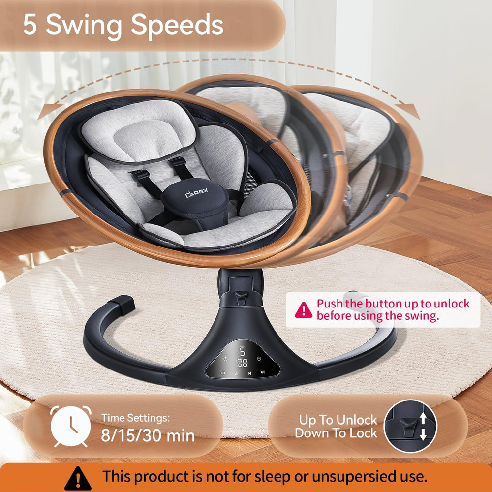 Seat detail of LAREX gray swing with plush pad and harness.