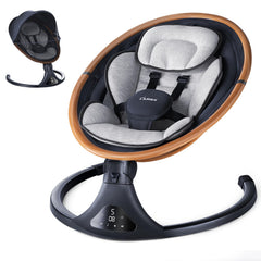 LAREX gray baby swing side view showing gentle sway and cozy seating.
