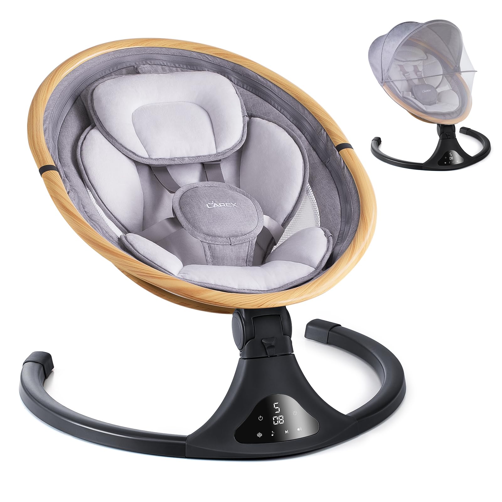 Larex baby swing in light wood grain front view providing gentle sway for soothing