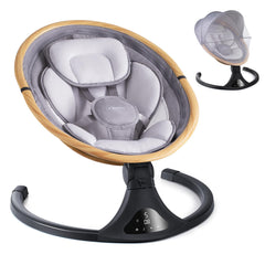 Larex baby swing in light wood grain front view providing gentle sway for soothing