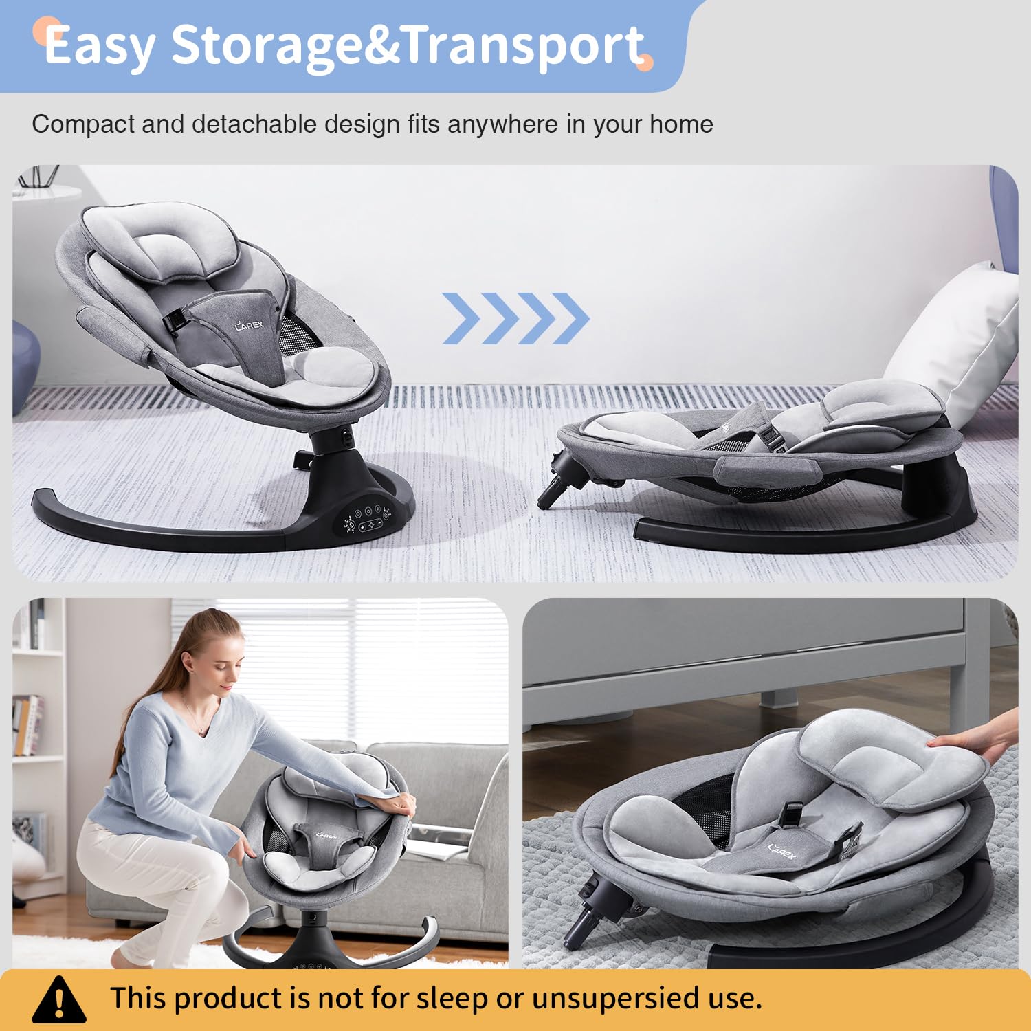 LAREX Baby Swing plug-in design saves battery use and adds convenience.