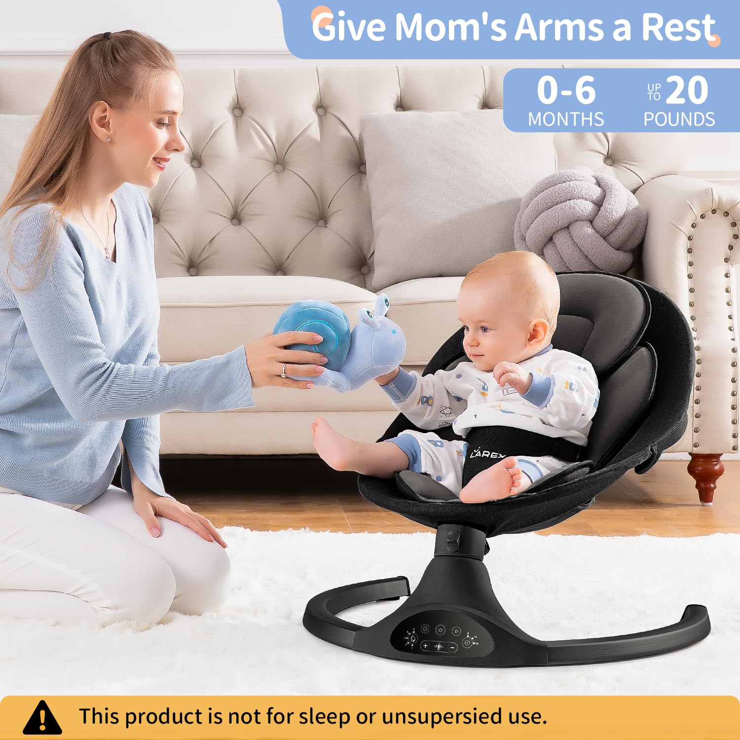 LAREX Baby Swing remote control enables convenient swing adjustments within reach.