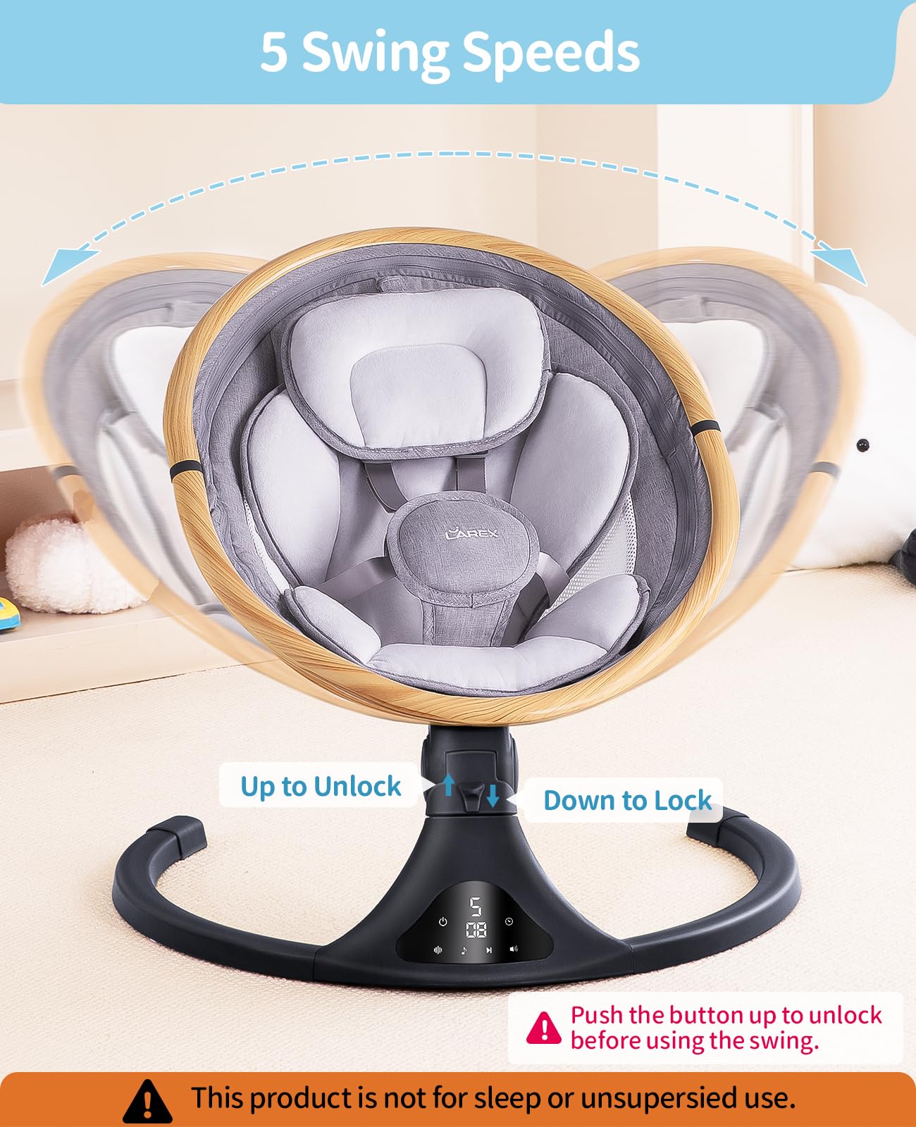 Larex swing seat close-up showing plush cushion and five-point harness for comfort and safety