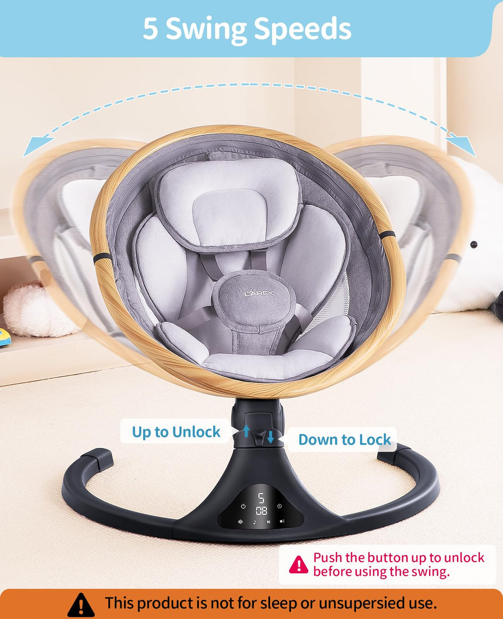 Larex swing seat close-up showing plush cushion and five-point harness for comfort and safety
