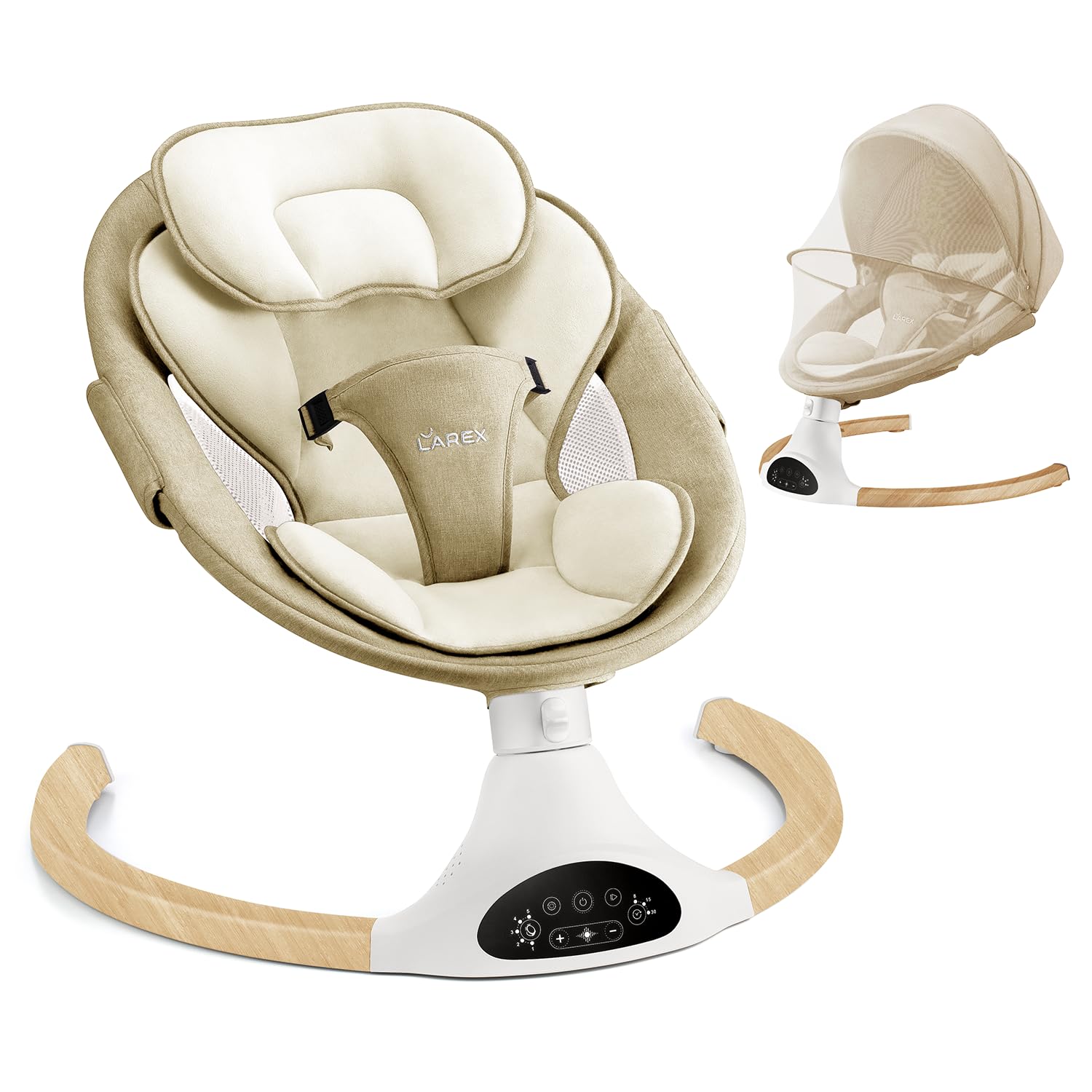 LAREX Baby Swing showing side-to-side motion to soothe a newborn