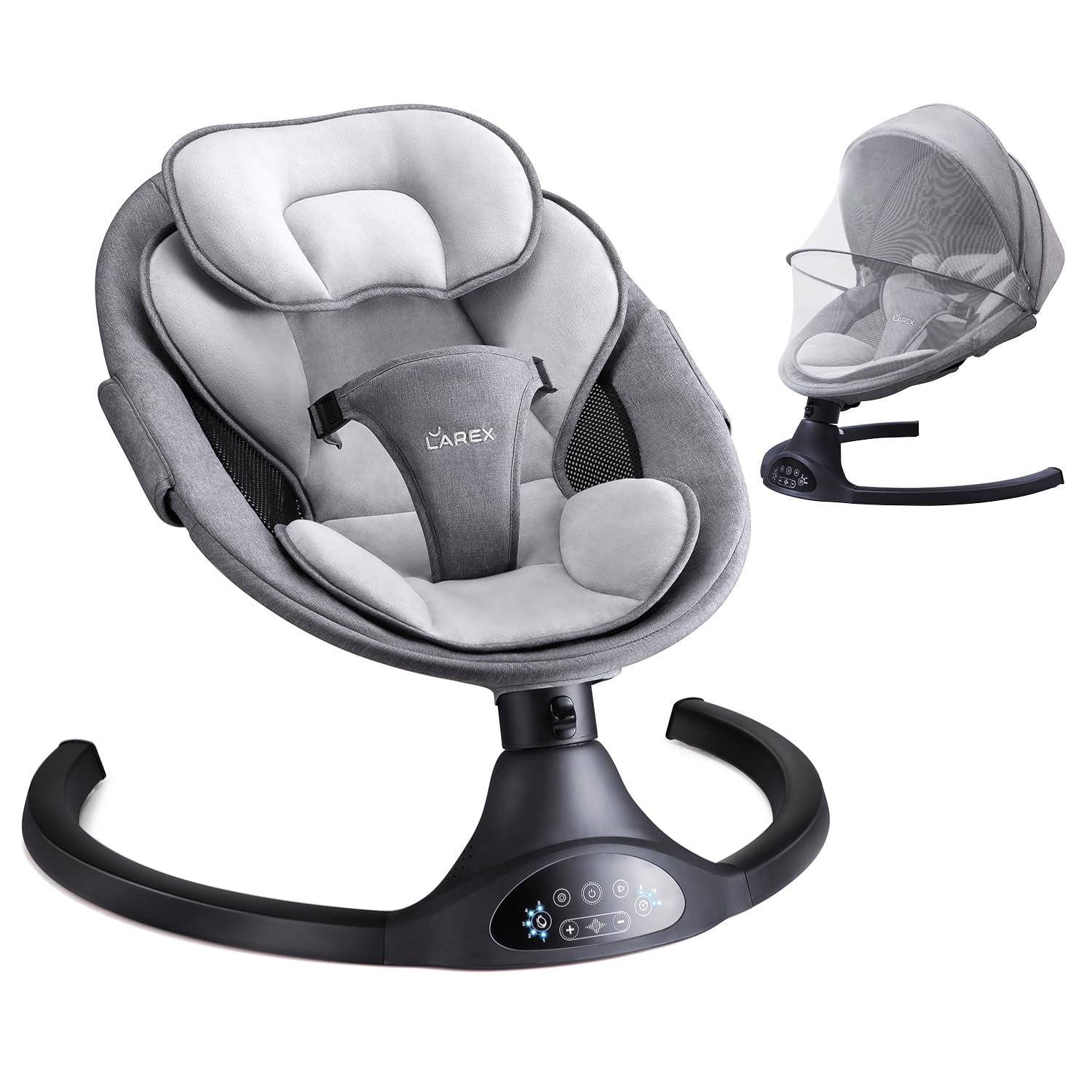 LAREX Baby Swing side view, gentle motion helps soothe baby during playtime.