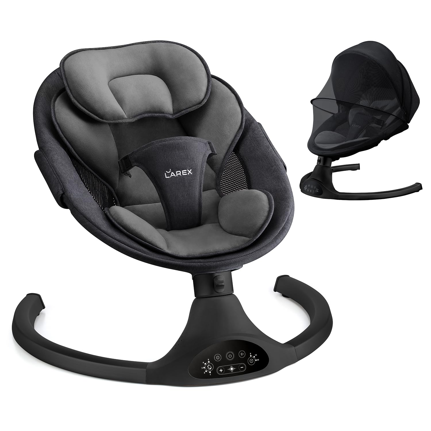 LAREX Baby Swing side view showcases compact design and soothing motion.