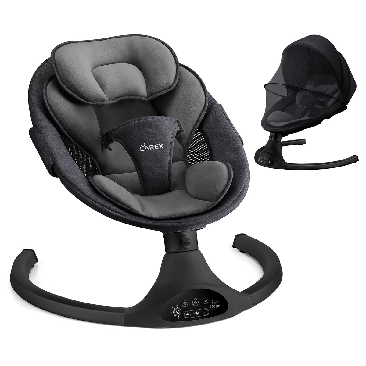 LAREX Baby Swing side view showcases compact design and soothing motion.
