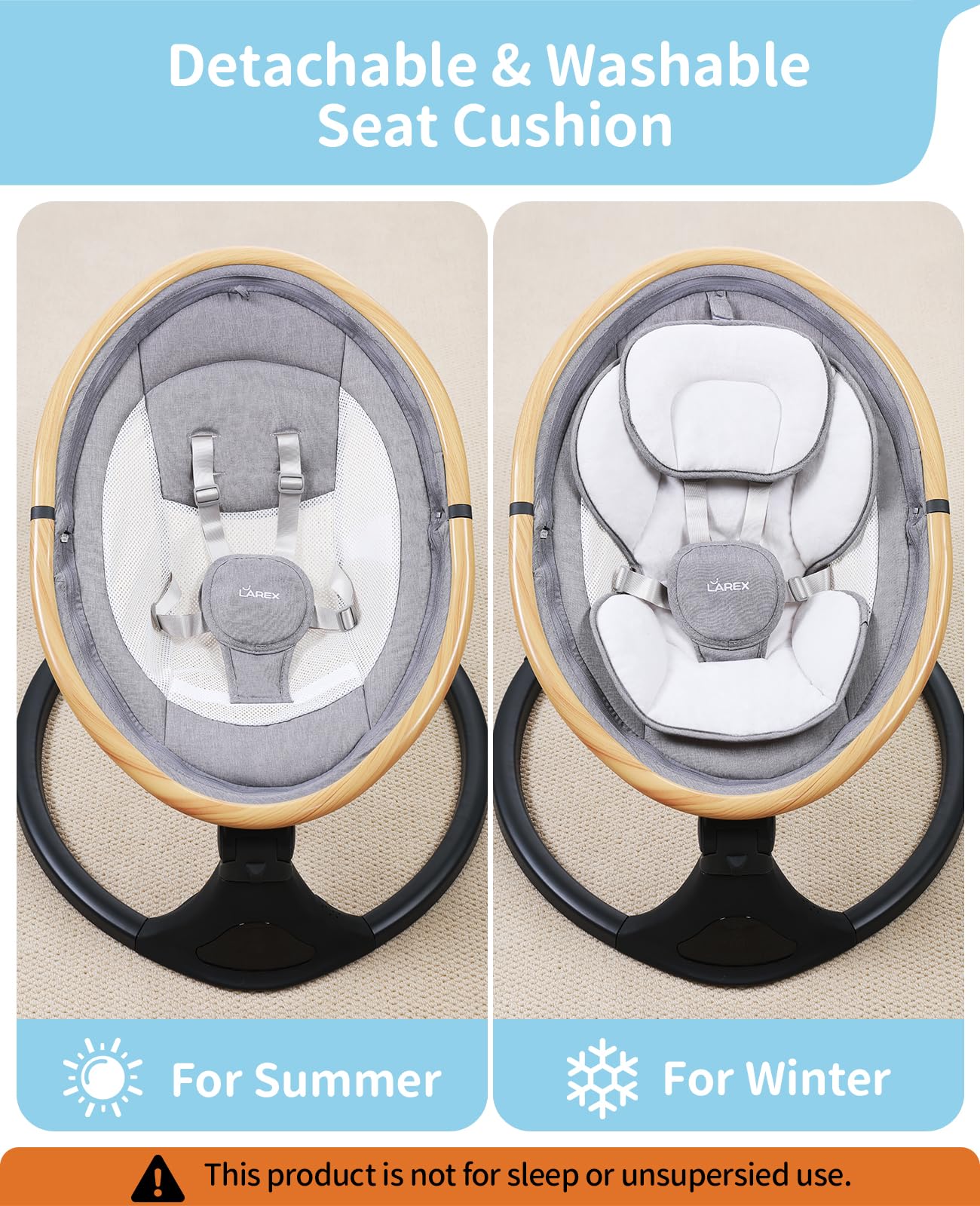 Larex swing shown compact and detachable for easy room placement