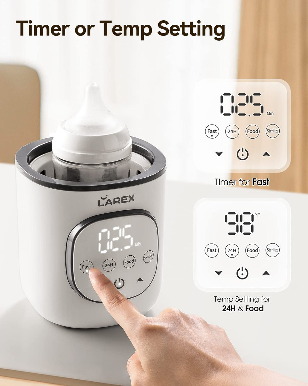 Larex warmer keeps milk warm for 24 hours with preset thermostat.