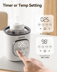 Larex warmer keeps milk warm for 24 hours with preset thermostat.