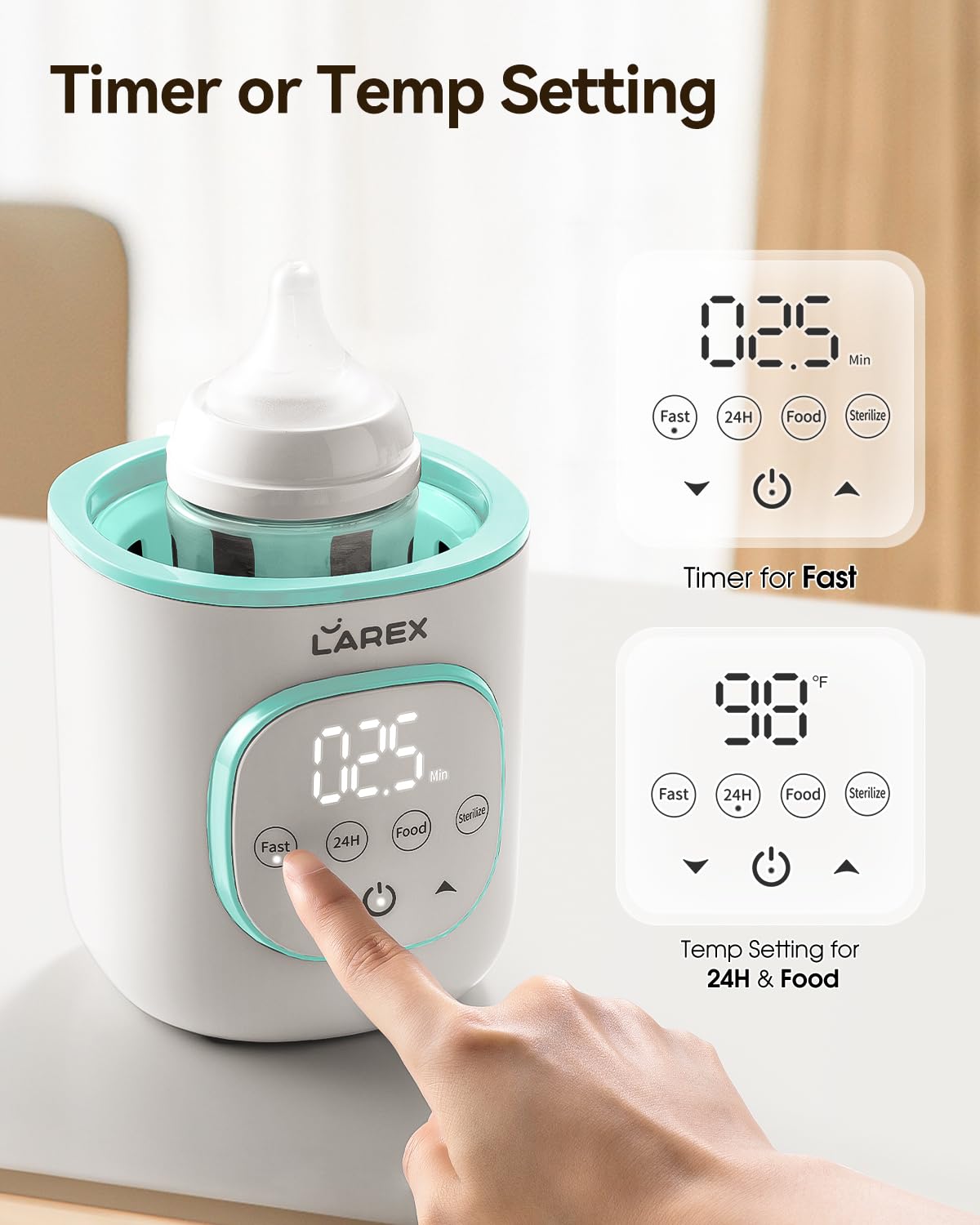 Larex bottle warmer fits wide, narrow, and angled bottles and jars.