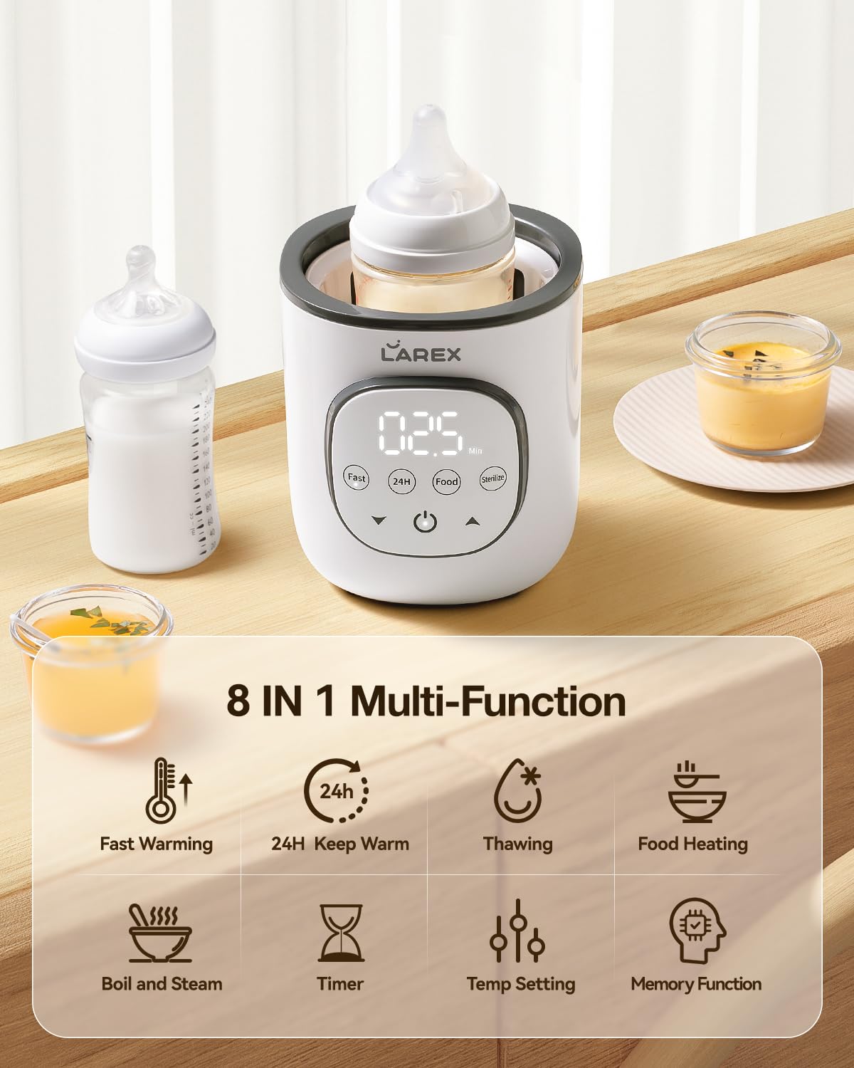 Larex warmer quickly heats milk in 2.5–7 minutes for hungry babies.