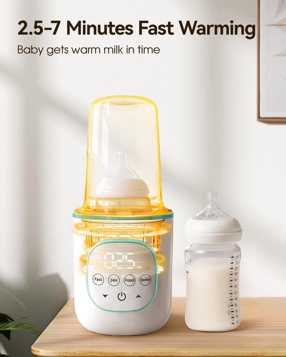 Larex steam cleaning with thermostat keeps bottles sanitized and ready.
