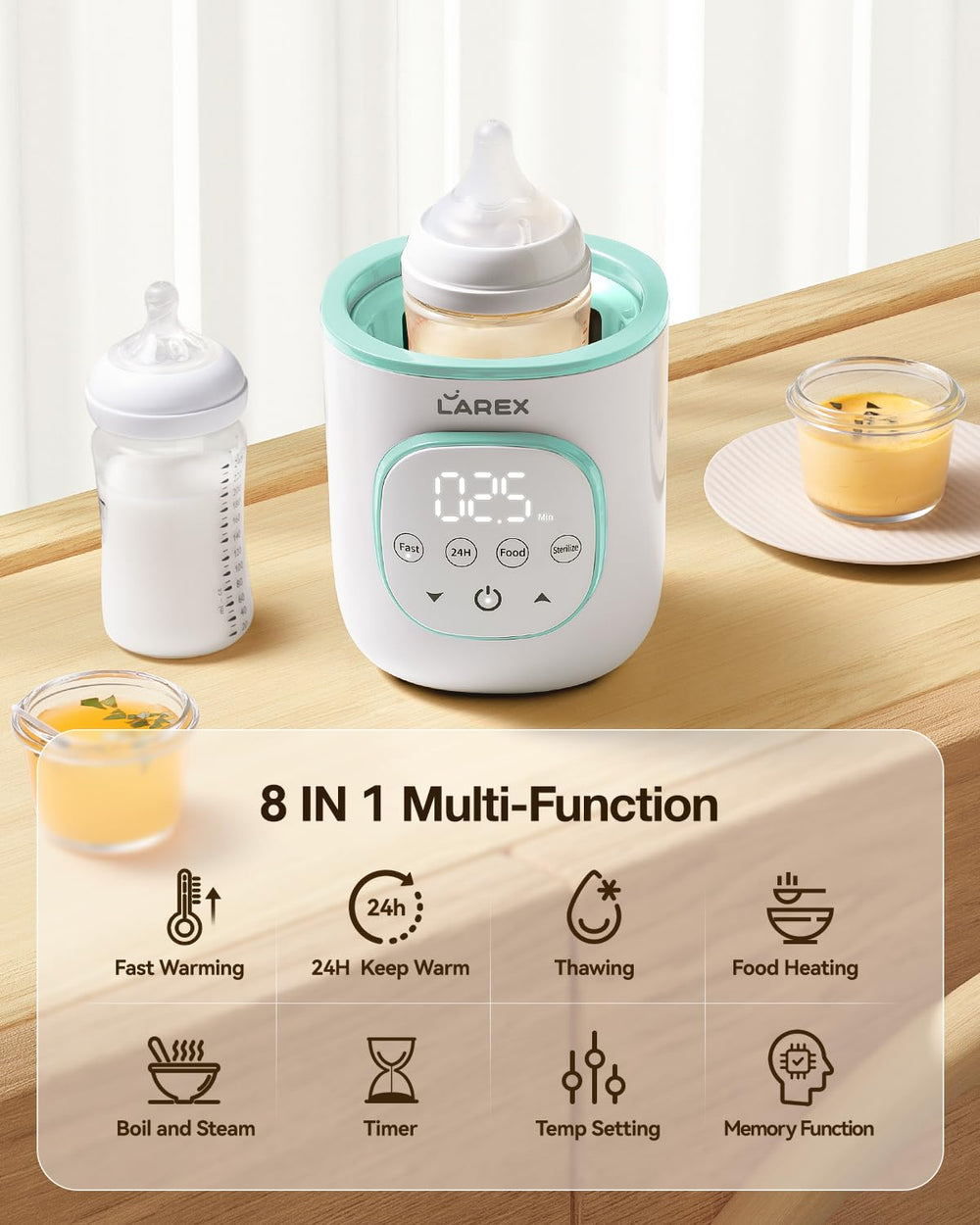 Larex warmer shows timer and memory function for tailored feeding sessions.
