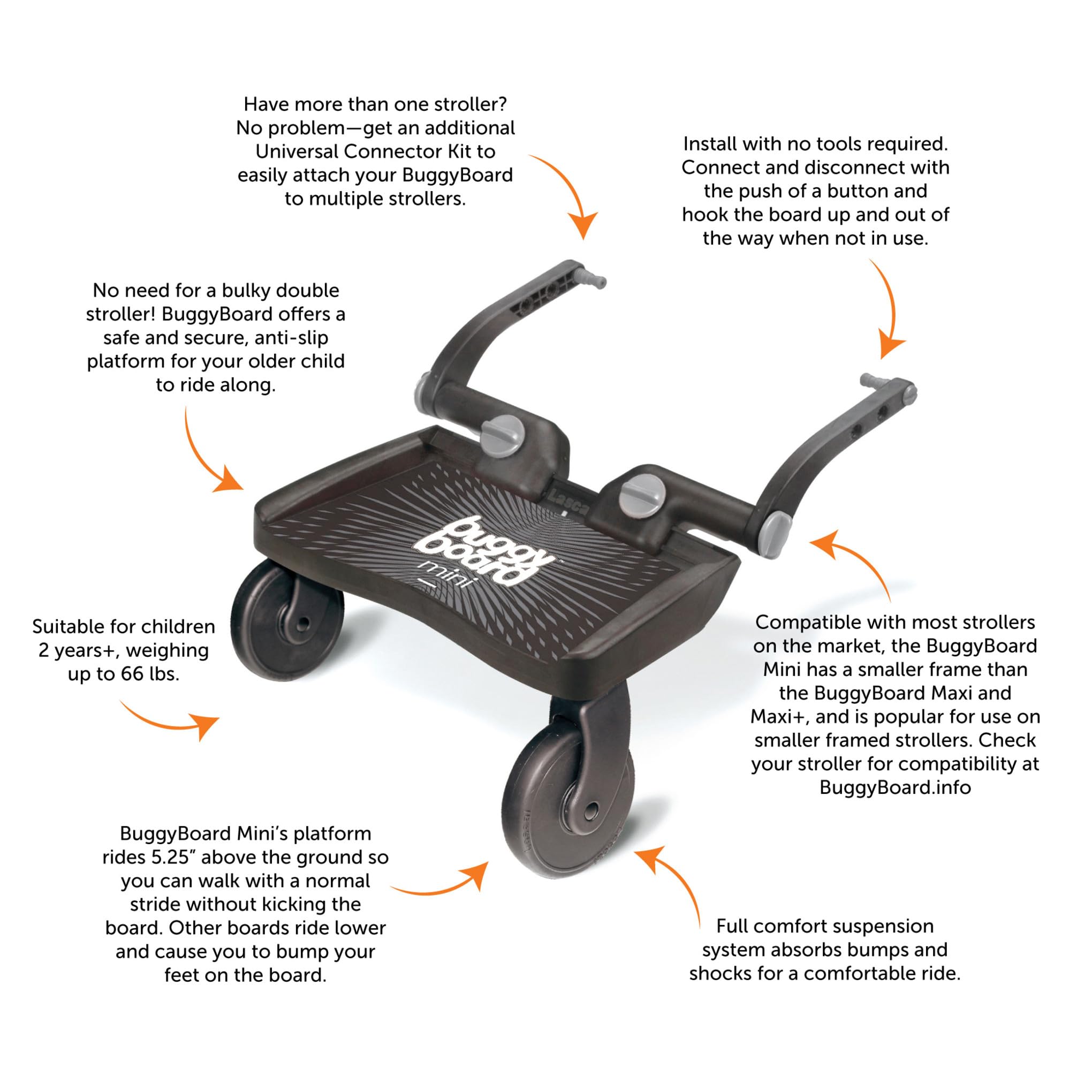 Lascal BuggyBoard Mini anti-slip platform provides a stable standing area for siblings.
