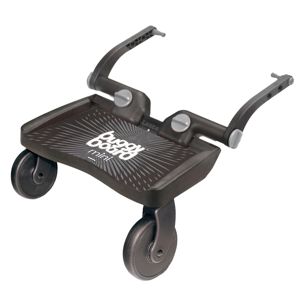 Lascal BuggyBoard Mini installation view shows quick, tool-free mounting for most strollers.