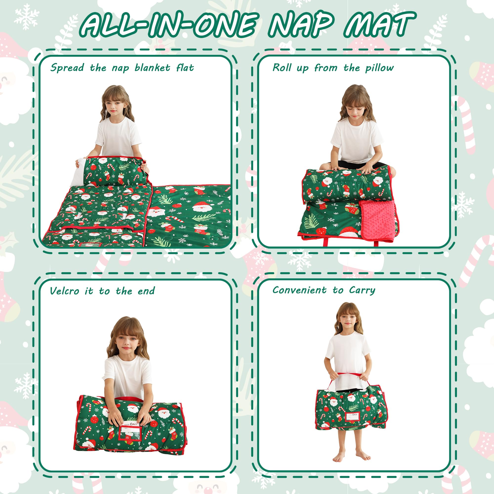 Lasoftan Christmas nap mat travel roll makes storage and transport simple.