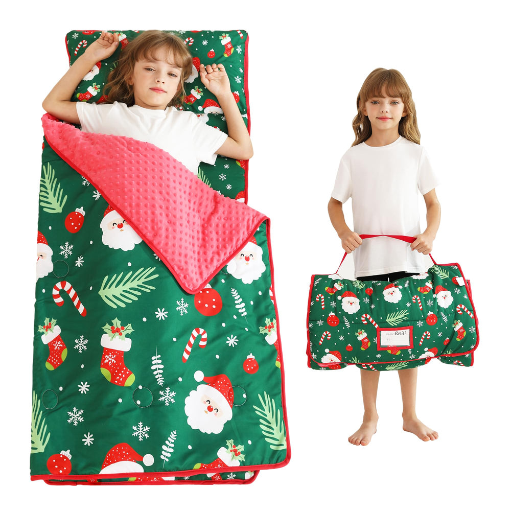 Lasoftan Christmas nap mat rolled for travel, compact and easy to carry during daycare breaks.