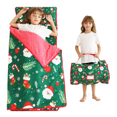 Lasoftan Christmas nap mat rolled for travel, compact and easy to carry during daycare breaks.