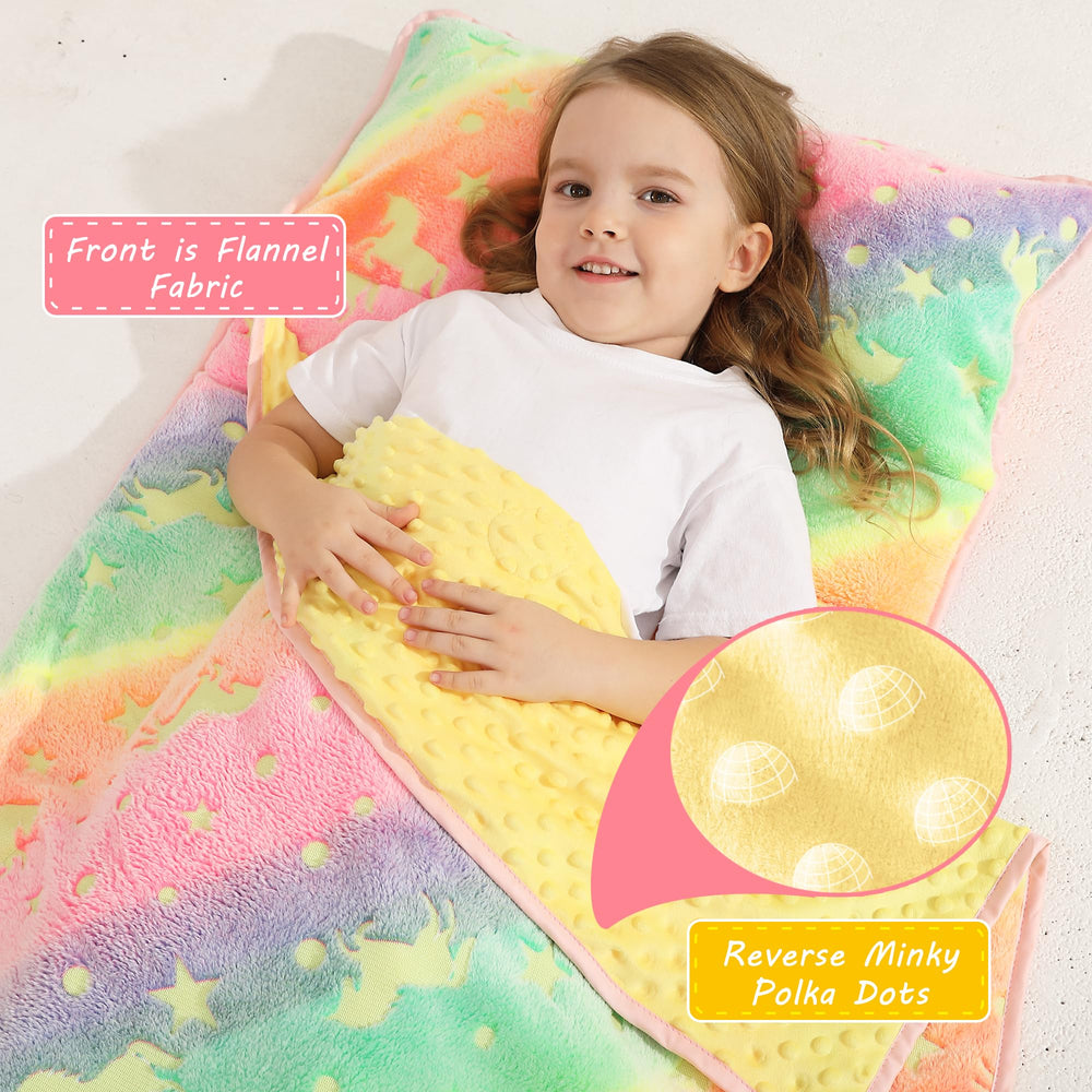 Rolled Lasoftan glow unicorn nap mat ready for travel and easy carry