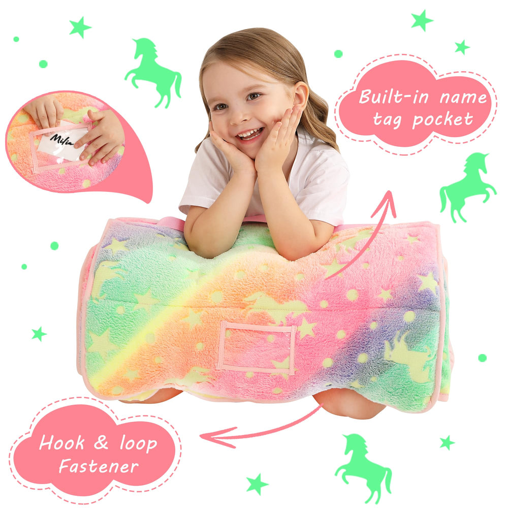 Open Lasoftan glowing unicorn nap mat layout reveals spacious nap area