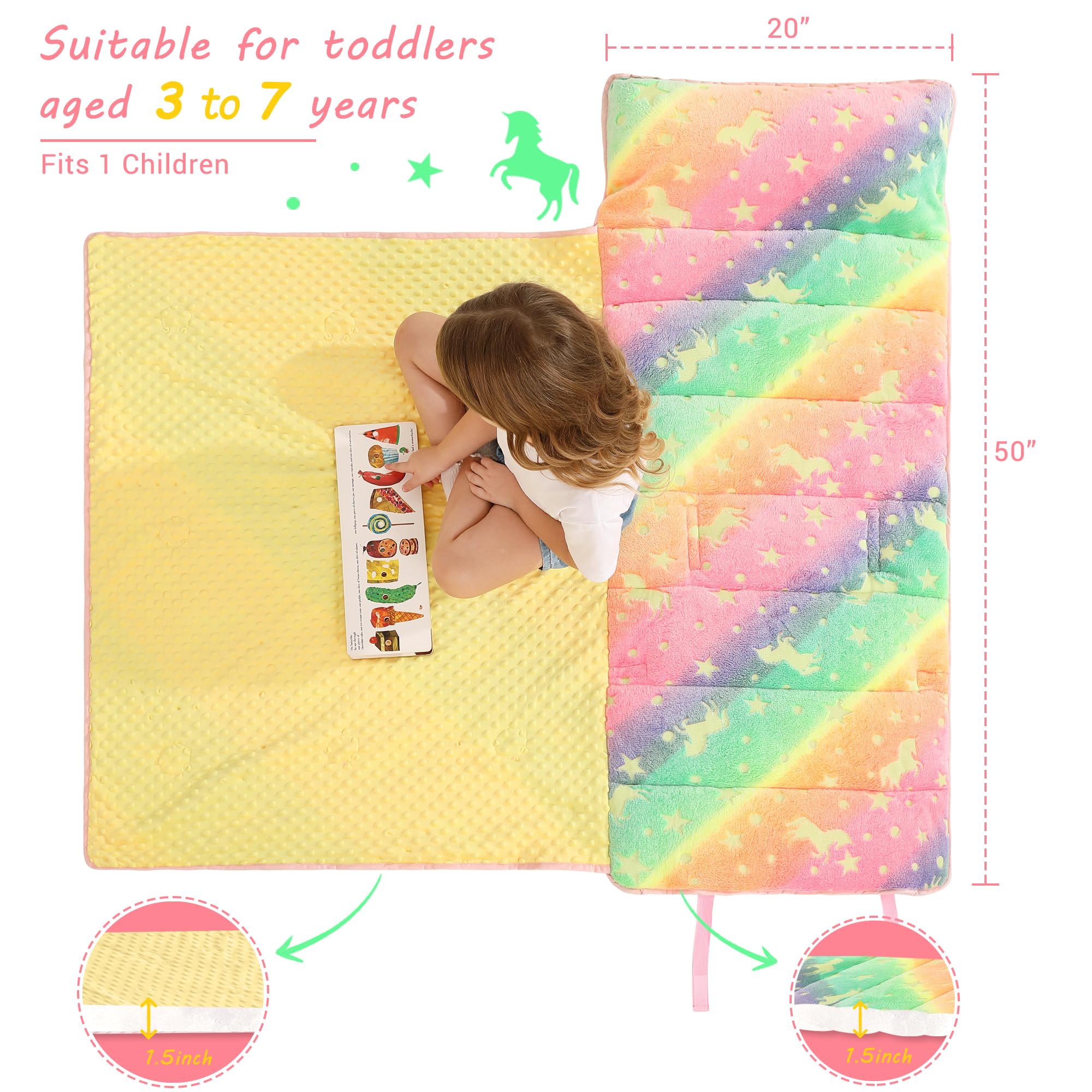 Interior fleece lining of Lasoftan unicorn nap mat emphasizes warmth