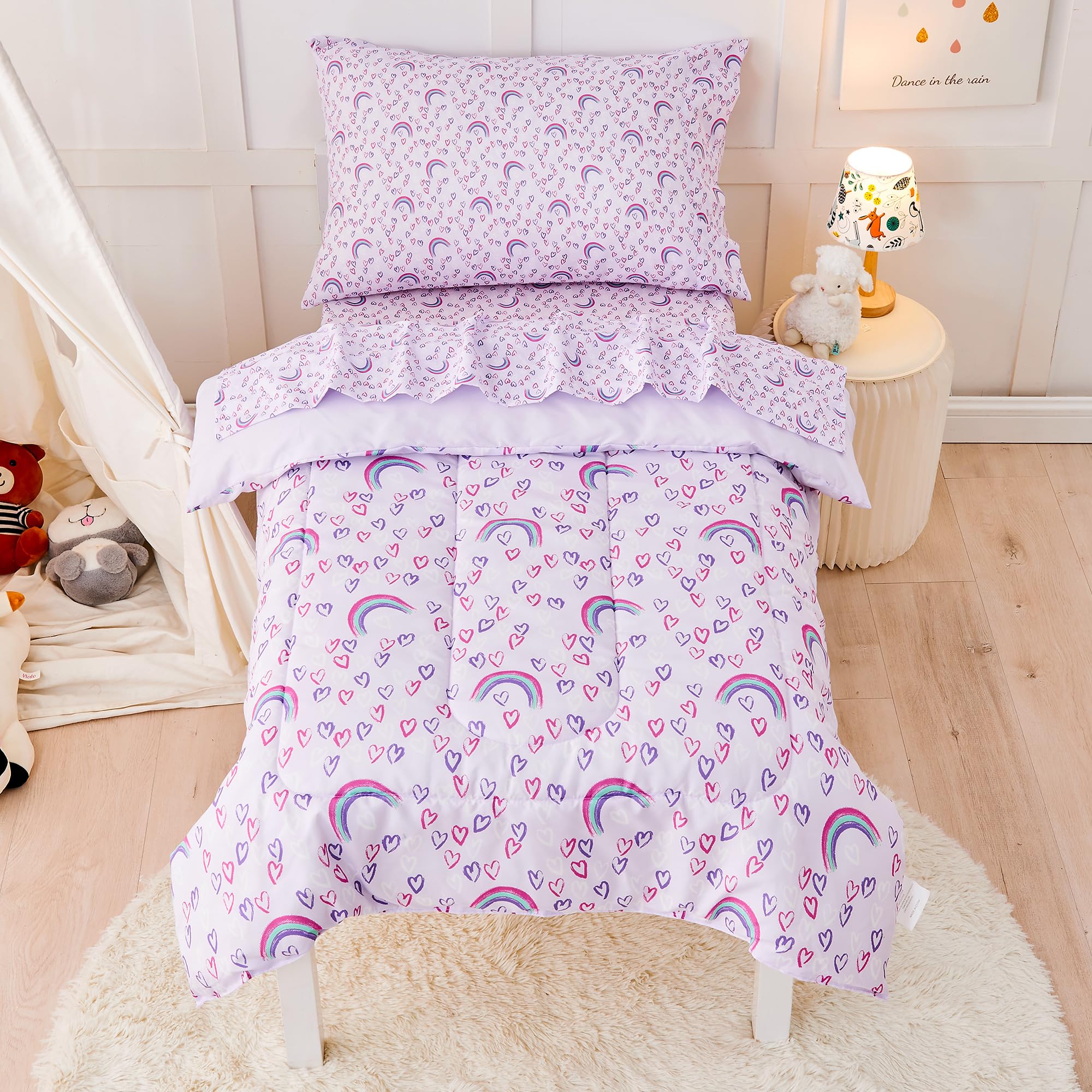 Lasoftan rainbow-printed toddler comforter adds cheerful warmth for bedtime.