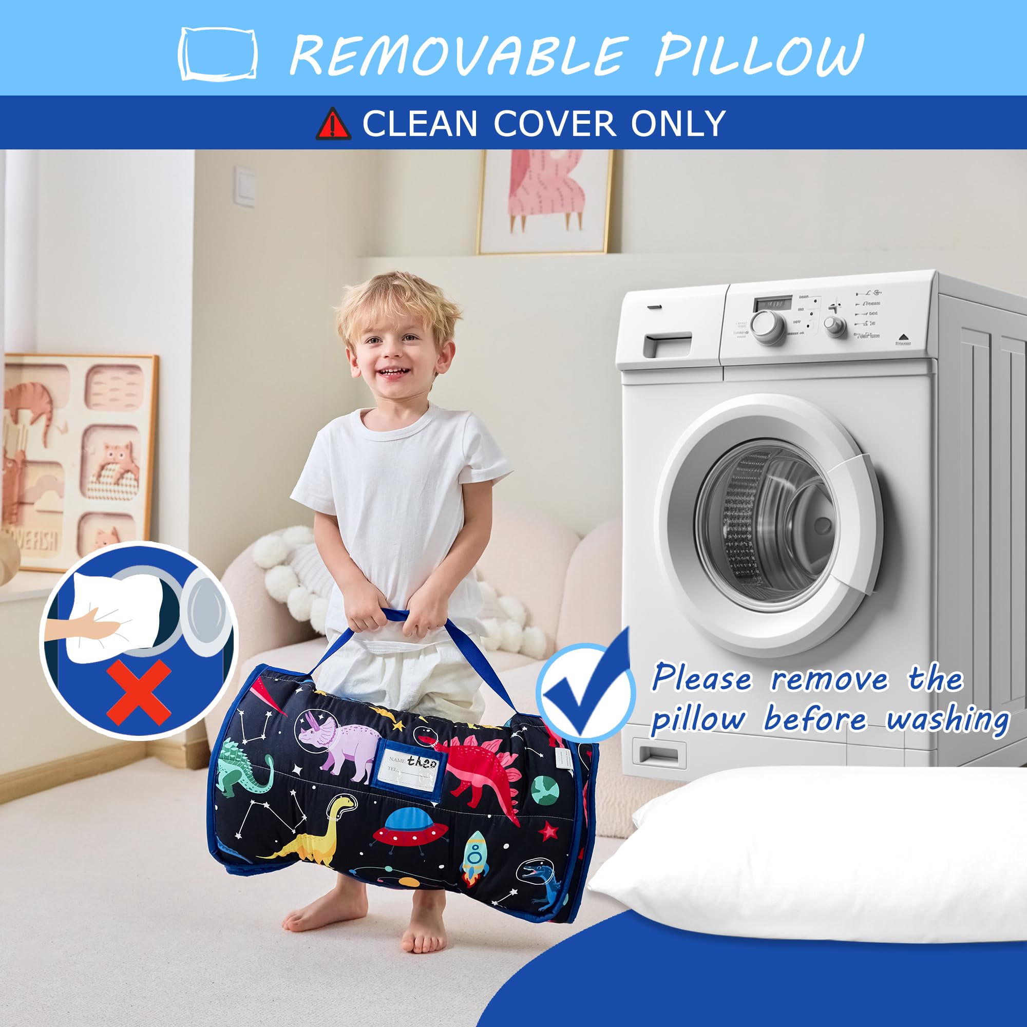 Care instructions for Lasoftan nap mat showing cold wash and low tumble dry