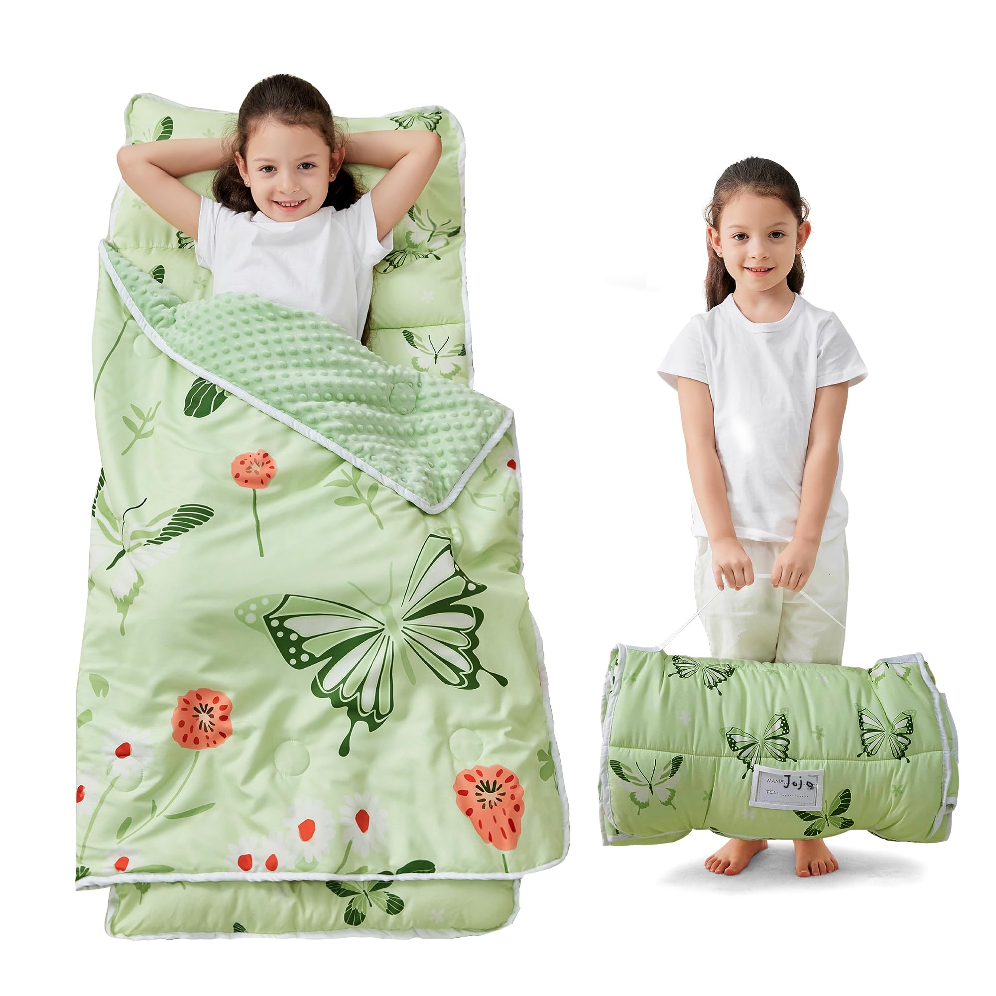 Lasoftan Toddler Nap Mat full setup with green butterfly pattern for cozy naps.