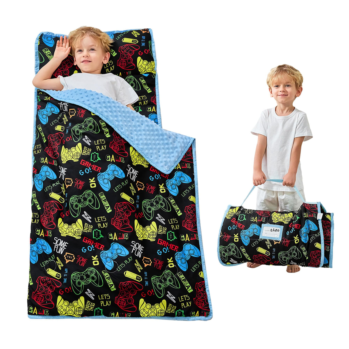Lasoftan toddler nap mat with pillow and blanket for cozy daycare naps.