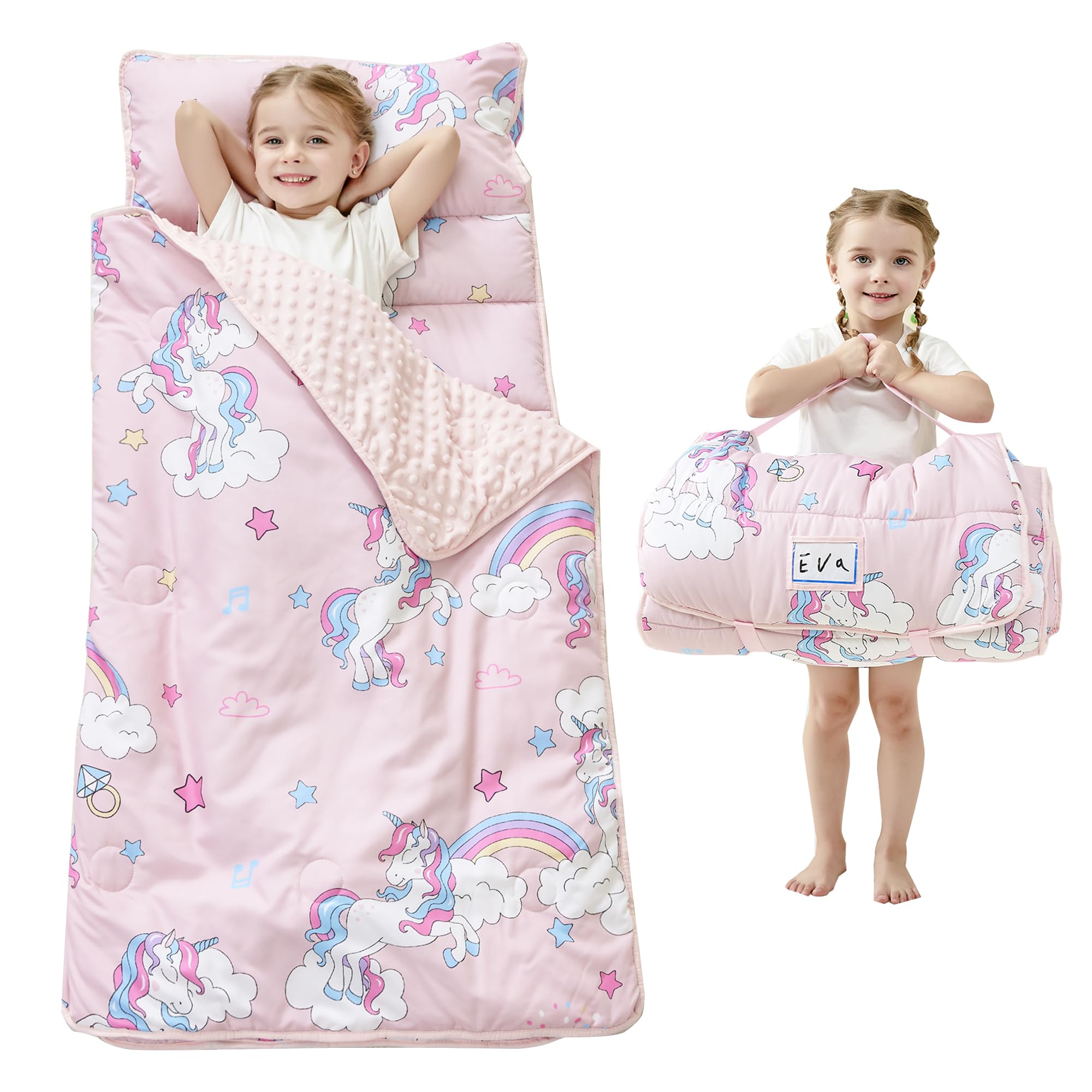 Lasoftan toddler nap mat unicorn roll for travel-friendly, compact storage