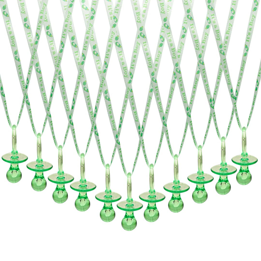 Lassos Boutique green pacifier necklace on table scatter for baby shower decor
