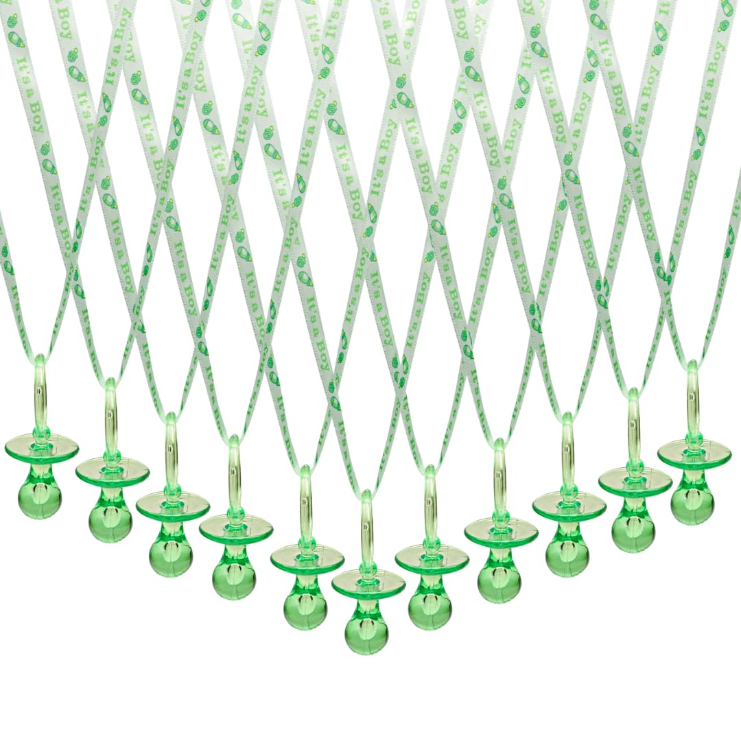 Lassos Boutique green pacifier necklace on table scatter for baby shower decor
