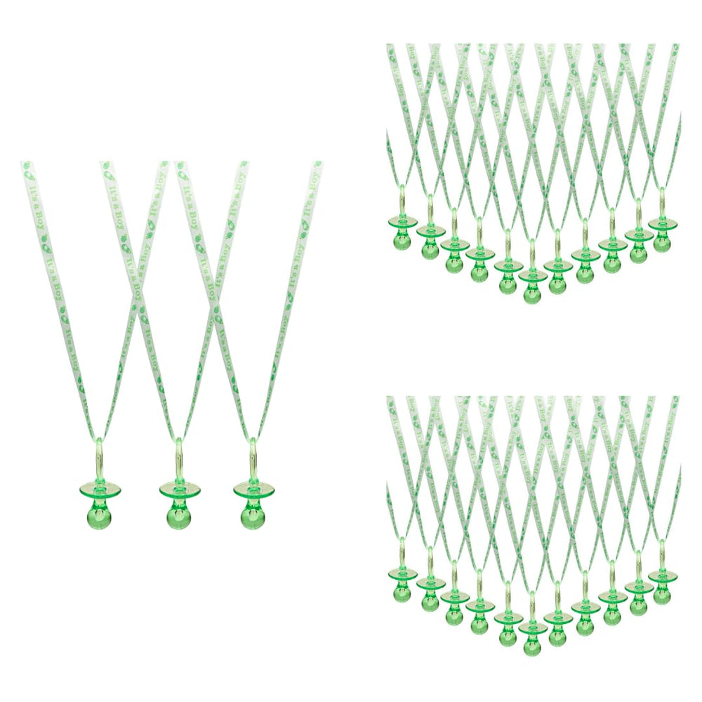 Lassos Boutique green pacifier necklace worn by guest during gender reveal game