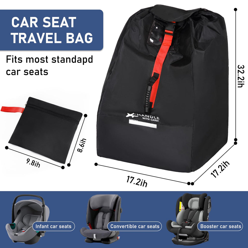 LASUK car seat travel bag with adjustable strap ready for the airport.