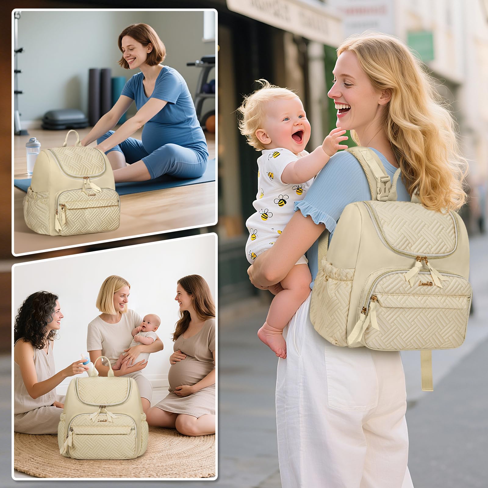 LASUK diaper bag with changing pad inside for family travel.