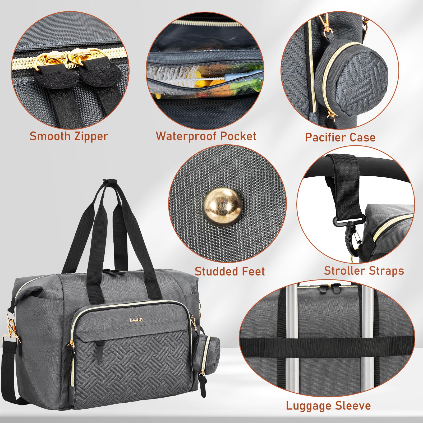 LASUK diaper bag tote stroller straps for hands-free transport.