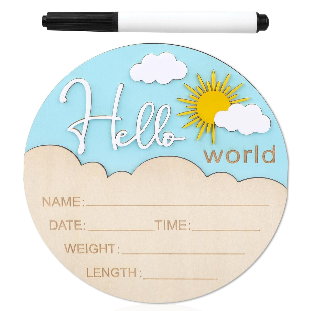 Lasuroa baby announcement sign with sun and hello world design for newborn photos