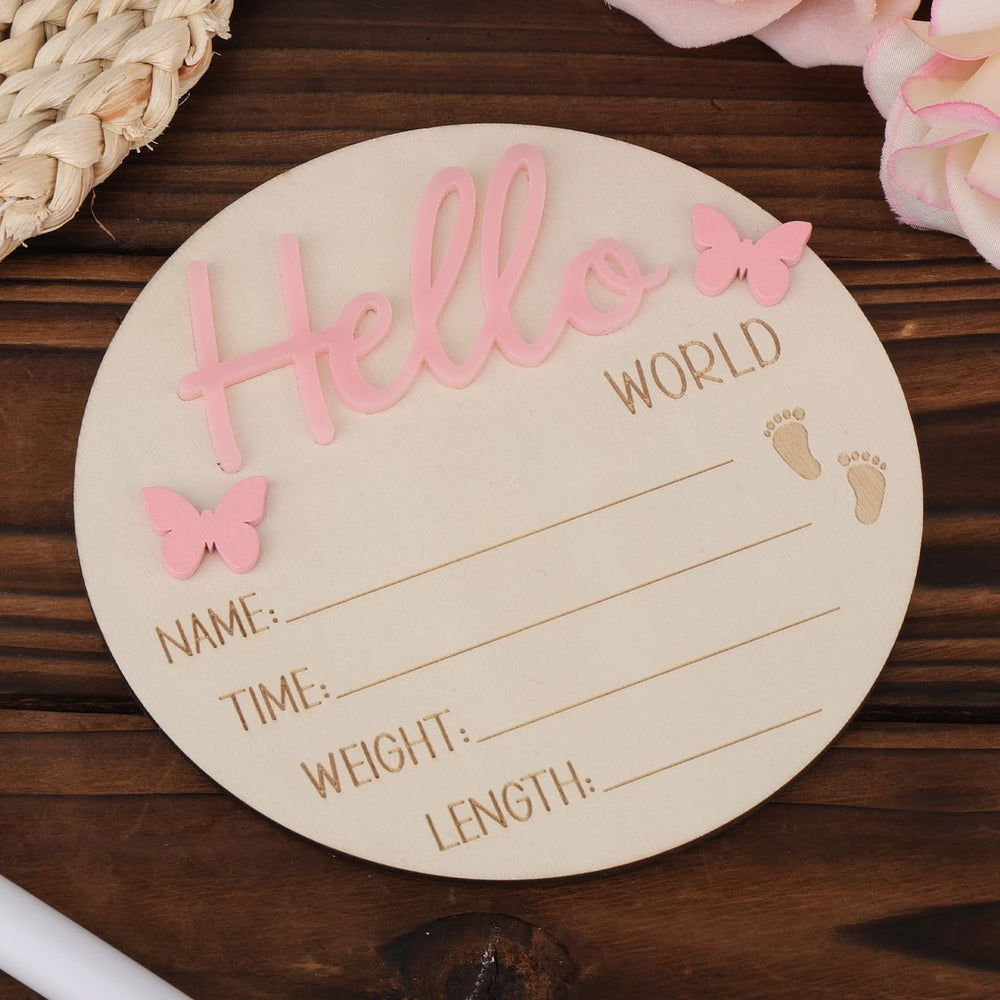 Lasuroa pink Hello World plaque used as baby shower photo prop.