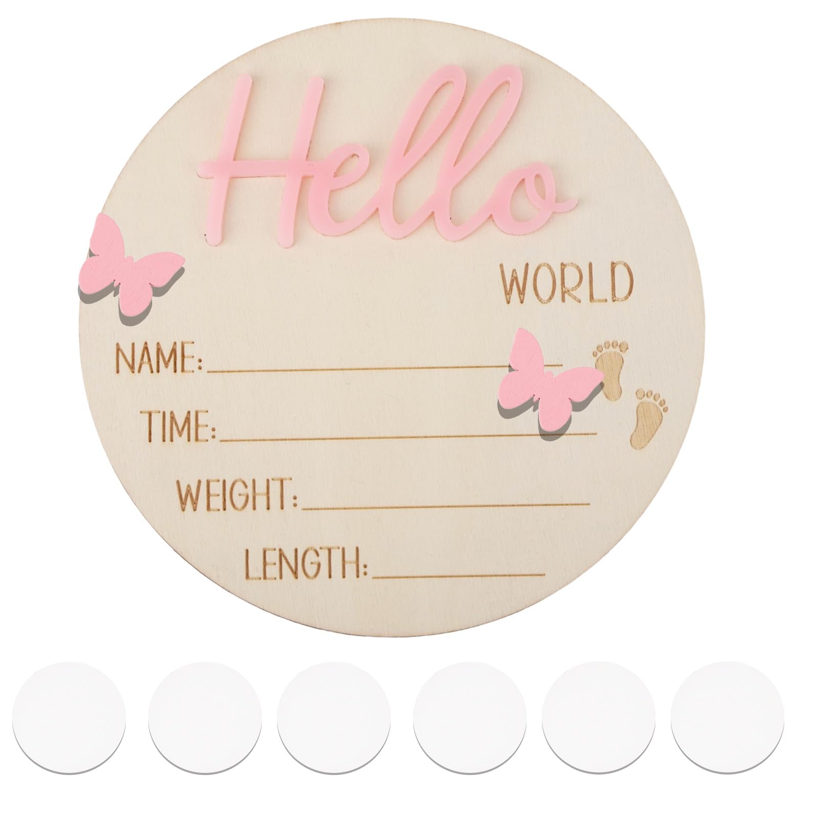 Lasuroa newborn announcement sign pink Hello World on wood for photos.