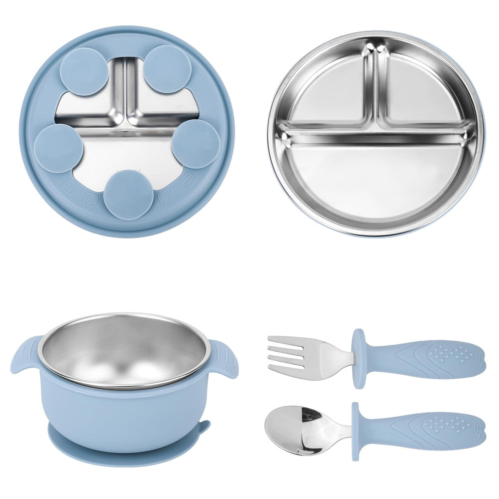 lasuroa partitioned plate with suction keeps meals stable for toddlers.