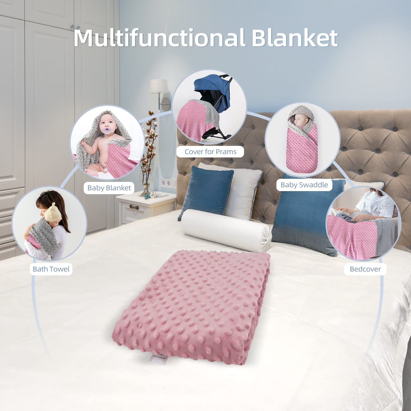 LAT LEE AND TOWN Minky Dot blanket in baby's arms for cozy all-season warmth.